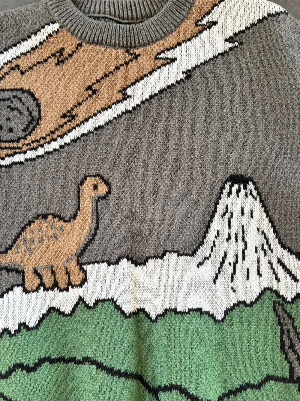 Gray Dinosaur & Landscape Knit Sweater - Gray